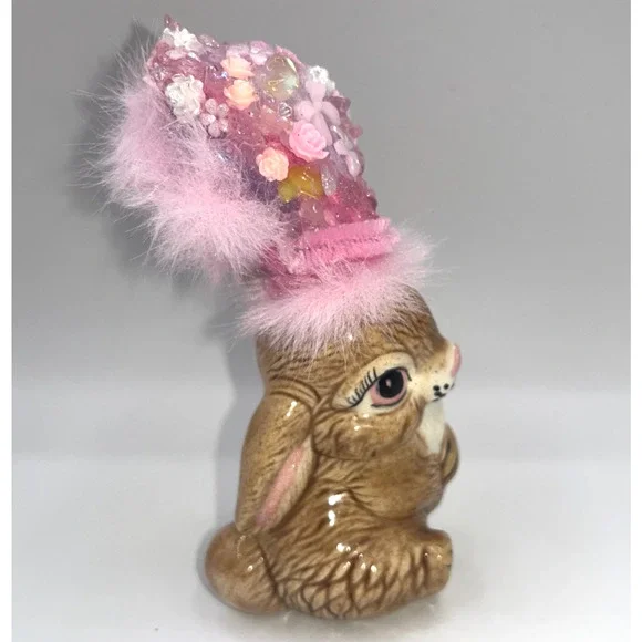 Vintage Ceramic Sitting Pretty Easter Bunny Poof Faux Fur Flower Hat Deb O. OOAK - Picture 6 of 16